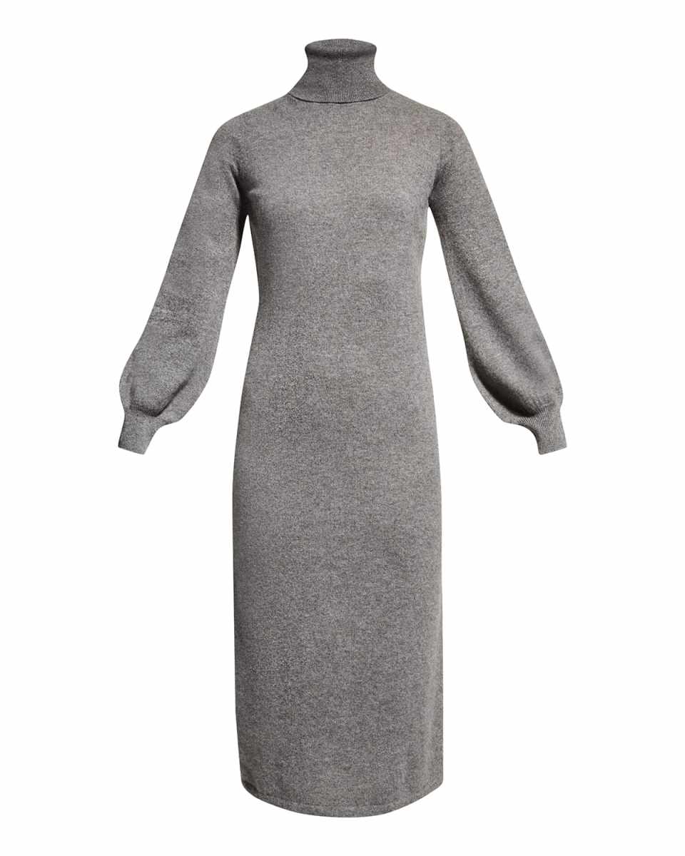 Blouson-Sleeve Turtleneck Cashmere Midi Dress